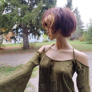 Sheer Olive Green Off-Shoulder Could Shoulder Blouse With Cross Cross Back